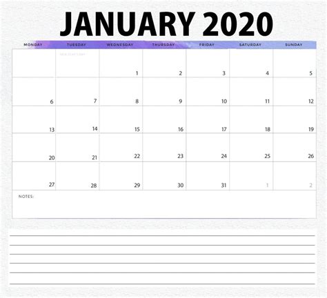 January 2020 Calendar Printable Template