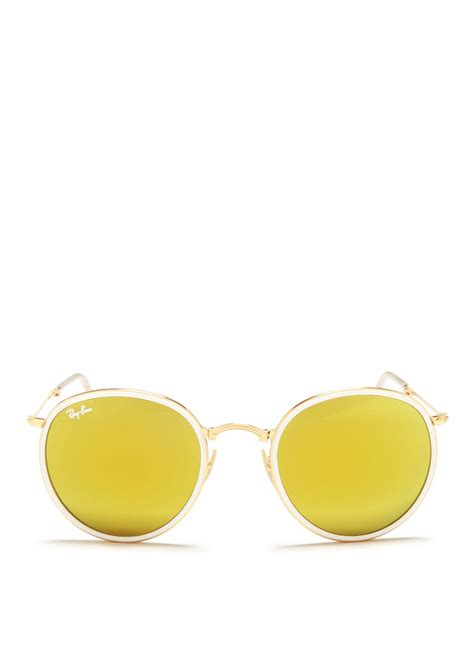 Lyst Ray Ban Round Folding Flash Mirror Sunglasses In Yellow