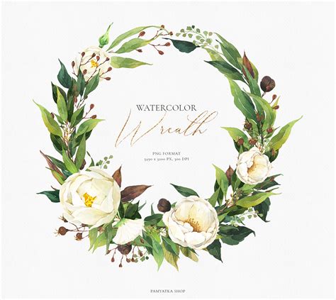 Watercolor Floral Wreath White Flowers And Greenery By Pamyatka