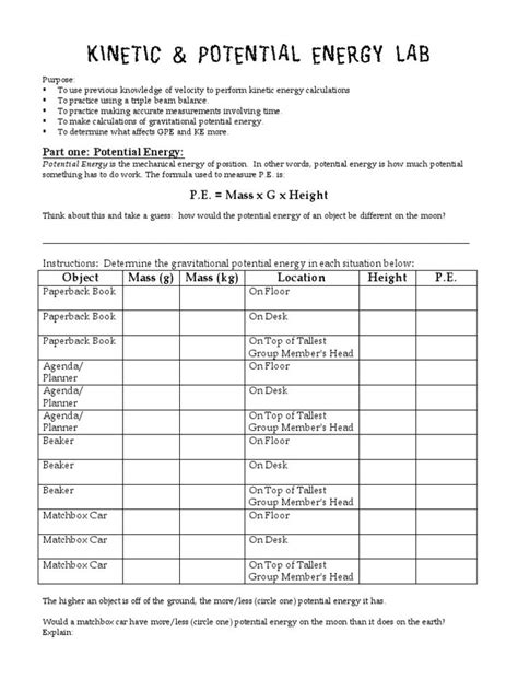 Worksheet Kinetic And Potential Energy Problems Answer Key