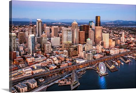 Aerial View Of Seattle Downtown Skyline At Sunset Seattle Washington