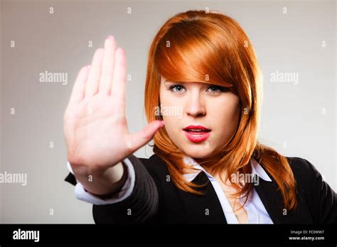 Woman With Stop Hand Sign Gesture Stock Photo Alamy