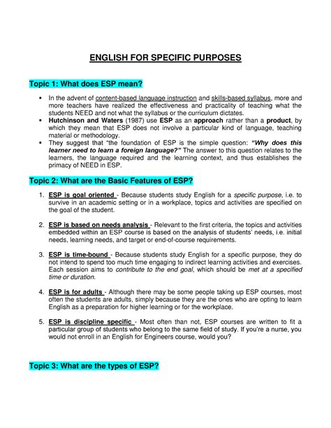 English For Specific Purposes Handouts English For Specific Purposes Topic 1 What Does Esp