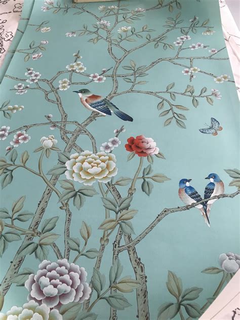 Chinoiserie Handpainted Artwork On Duckegg Blue Silk Panel Etsy
