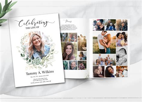 Greenery And Gold Funeral Program Template For Celebration Of Life