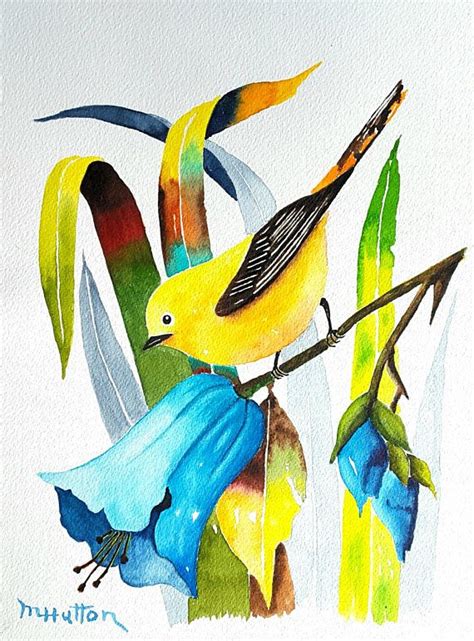 Original Watercolor Painting Flowers Bird Painting Yellow Warbler