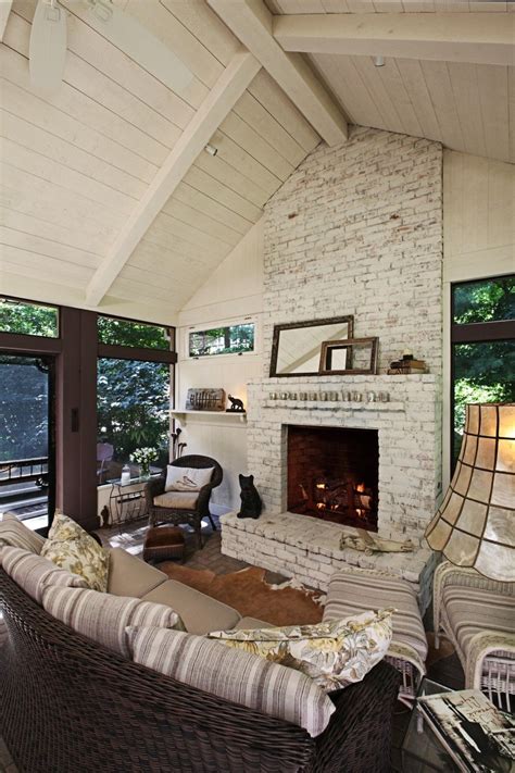 Rustic Screened Porch Addition White Brick Fireplace Traditional