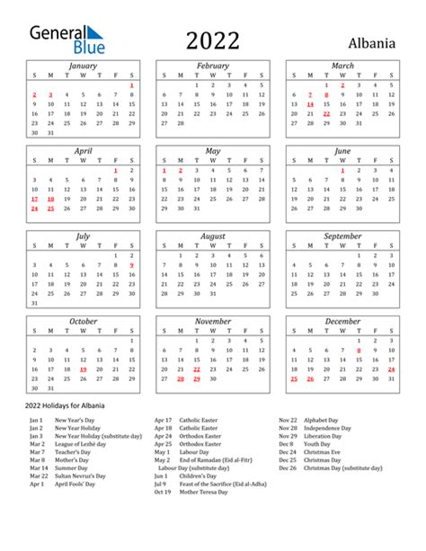 2022 Calendar Albania With Holidays