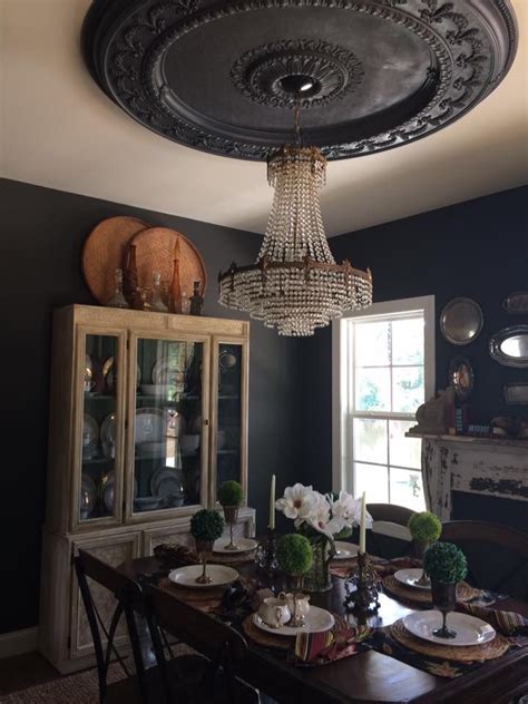 Dining room black all dining. Black dining room Ceiling medallion Crystal chandelier