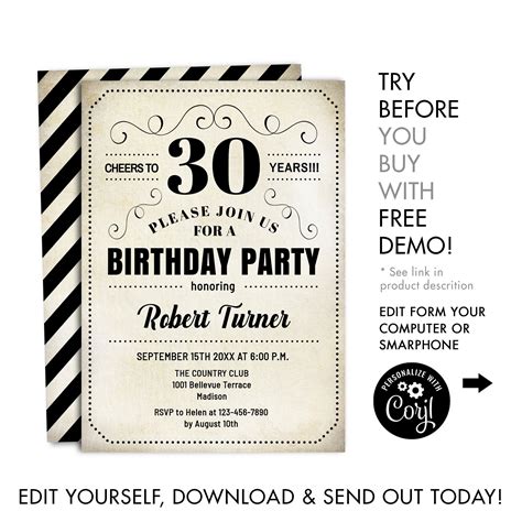 30th Birthday Party Invitation Instant Download Digital Etsy
