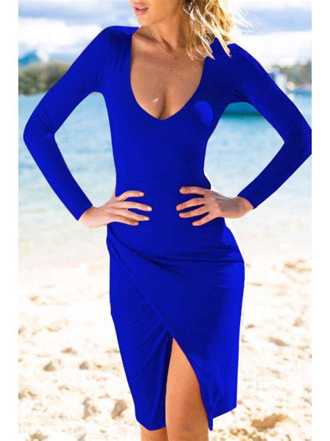 [23 Off] 2021 Plunging Neck Long Sleeves Bodycon Dress In Blue Zaful