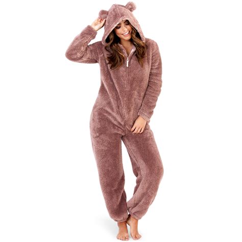 Womans Teddy Bear Hooded Pyjamas All In One Sherpa Fleece One Piece