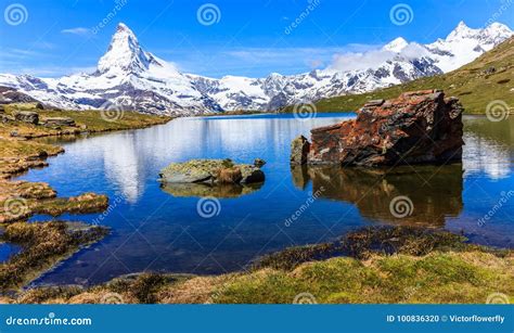 Beautiful Panoramic Summer View Of The Stellisee Lake With Reflection