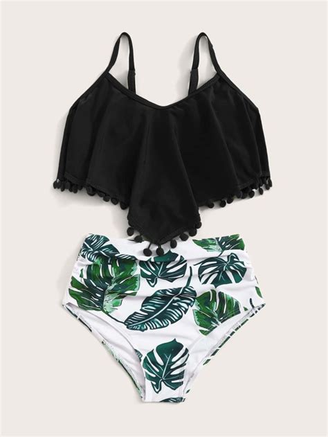 Girls Hanky Hem Top With Random Tropical Bikini Shein Usa