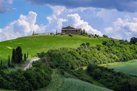The Rolling Hills And Green Fields At Sunrise In Tuscany Italy Stock