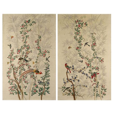 Pair Of Chinoiserie Hand Painted Paper Panels Watercolour