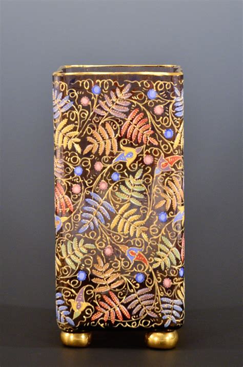 Moser Hand Blown Quatrefoil Vase Hand Painted Polychrome Enamel Flowers And Raised Gold Vases
