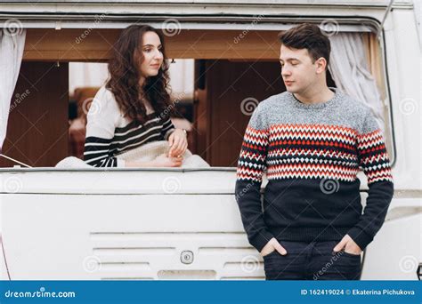 Loving Couple Alone In A Trailer On A Trip Romance For Lovers Stock