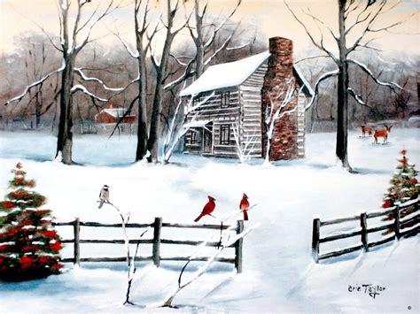 Winter Snow Folk Art Country Scene Log Cabin Fence Snow Red Etsy