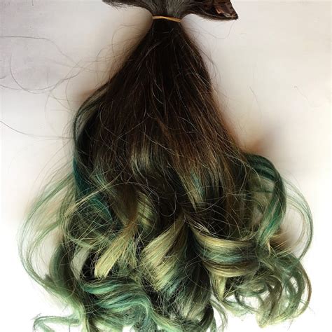 Custom Brown To Sea Green Ombré Clip In Human Hair Extensions Dyed