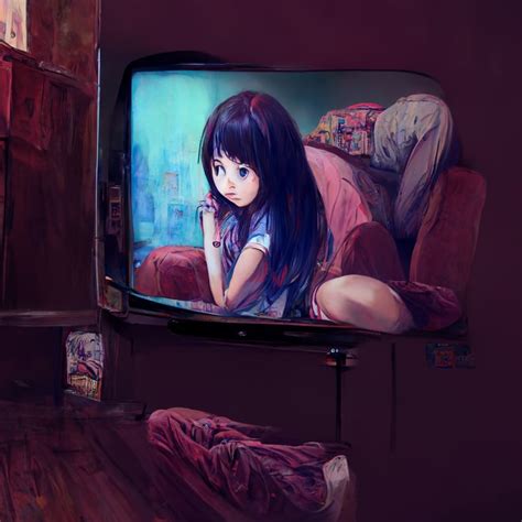 Prompthunt Anime Girl Watching Tv Sitting On The Floor Rear View