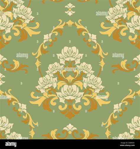Seamless Vector Pattern With Rococo Style Flower On Green Background