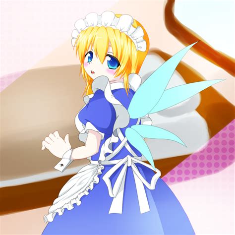 Safebooru 1girl Apron Arm Up Blonde Hair Blue Dress Blue Eyes Blush