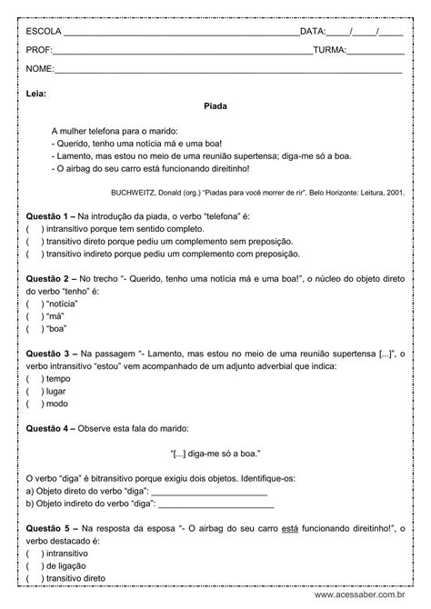 Atividades Sobre Verbo Transitivo E Intransitivo
