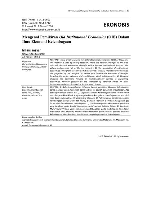 Pemikiran dan visi y pergolakan pemikiran islam: (PDF) Mengenal Pemikiran Old Institutional Economics (OIE ...