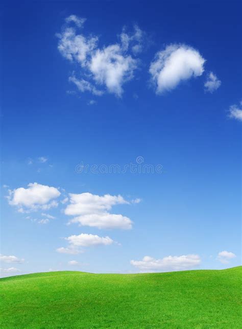 Idyllic View Green Field And The Blue Sky With White Clouds Stock