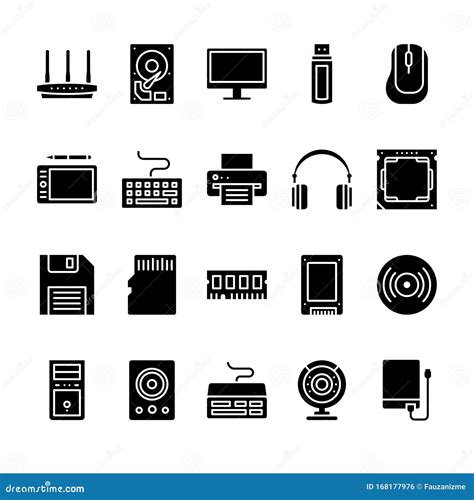 Set Of Computer Hardware Icons Glyph Style Stock Vector Illustration