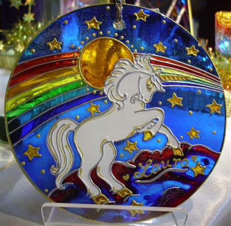 Rainbow Unicorn Stained Glass Handpainted Window Ornament Etsy