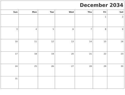 December 2034 Printable Blank Calendar