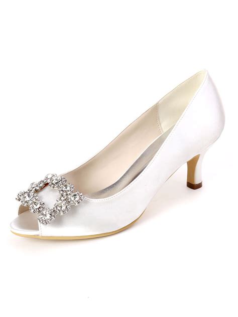 hochzeitsschuhe elfenbein satin strass peep toe kitten heel brautschuhe