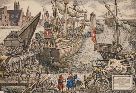 Hanseatic Dockthe Depicted Scene Shows The Unloading Of Some Merchant