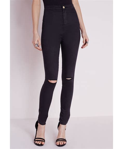 Missguided High Waist Ripped Knee Skinny Jeans Black In Black Lyst