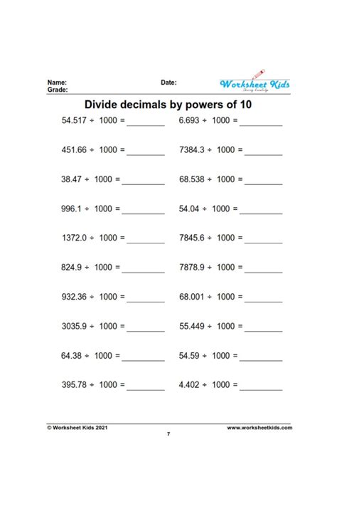 Dividing Decimals By Powers Of 10 Worksheets For 5th Grade Artofit