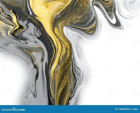 Black And White With Gold Marble Abstract Hand Painted Background Stock