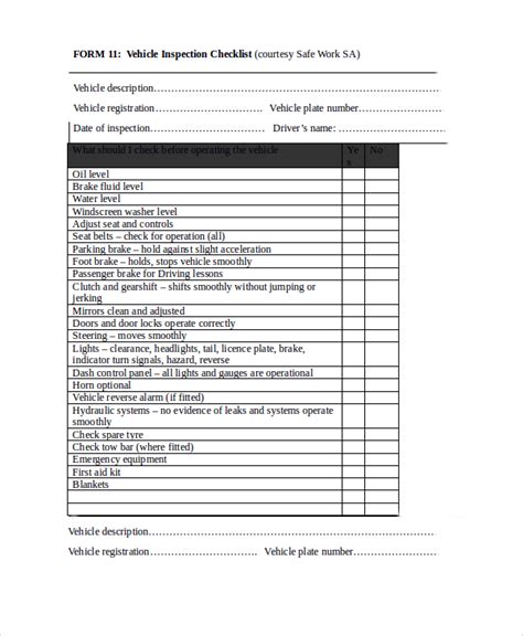 These checks cover brakes, emissions and the vehicle's overall condition. Vehicle Inspection Checklist Template - wanew.org