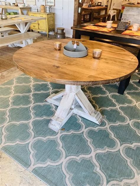 I also painted the sides, legs and chairs with linen white chalk paint by rustoleum and gave it a good distress for a worn out farmhouse style. Round Rustic Farmhouse Table Single Pedestal Style Base ...