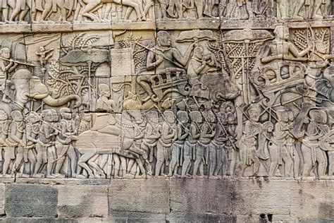 Bayon Temple Wall Carvings At Angkor Thom In Cambodia Stock Image