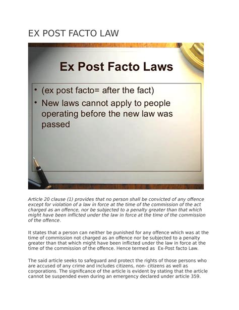 Ex Post Facto Law Ex Post Facto Law Article 20 Clause 1 Provides That No Person Shall Be