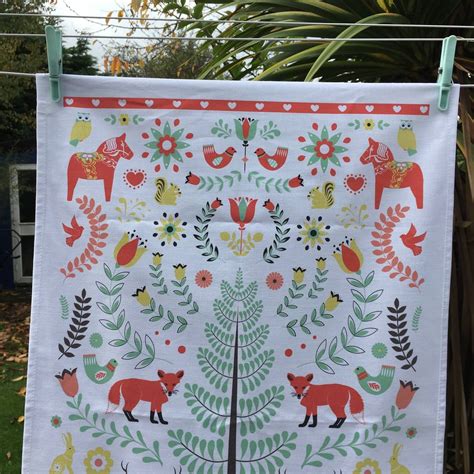 100 Cotton Christmas Folk Art Tea Towel By Natalie Singh