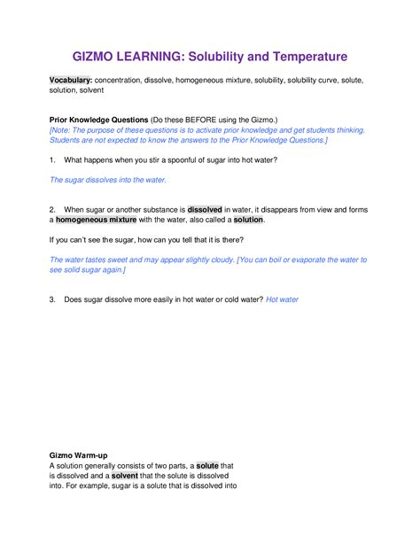 If the heat given off in the dissolving process is greater than the heat required to break apart the solid. Solubility And Temperature Gizmo Answer Key - Home Student