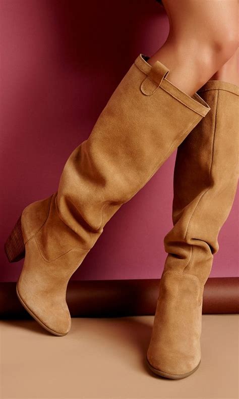 Soft Suede And Slouchy Knee High Boots With A Rounded Toe Stacked Heel