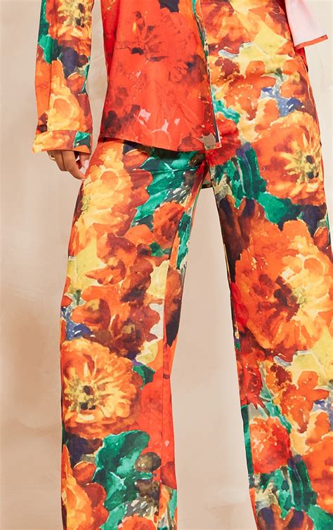 Red Floral Printed Wide Leg Pants Prettylittlething Sa