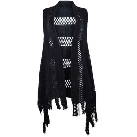 Black Open Knit Abstract Pattern Scarf Vest With Fringe Liked On