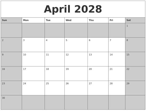 April 2028 Calanders