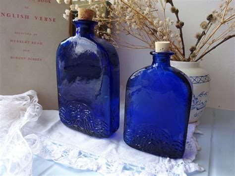 Vintage Cobalt Blue Glass Bottles With New Natural Cork Etsy Uk