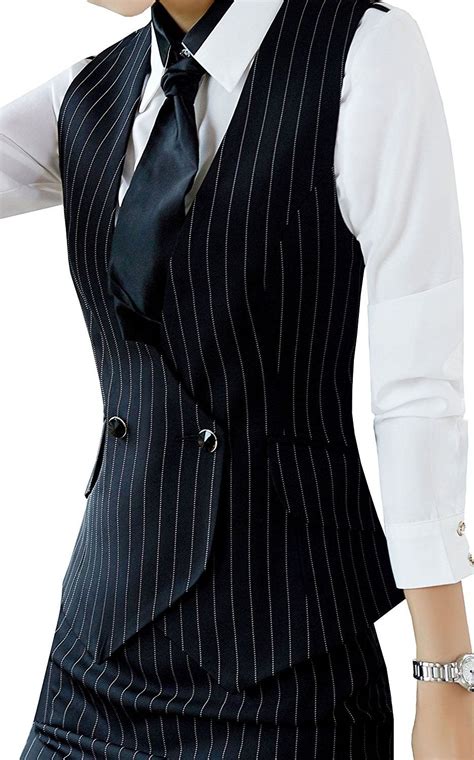Women V Neck Lined Slim Fit Waistcoat Dreesy Suit Vest Style 1black Pinstripe Co1863g7n2c